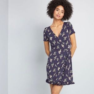 NWT ModCloth navy blue floral faux wrap dress, S